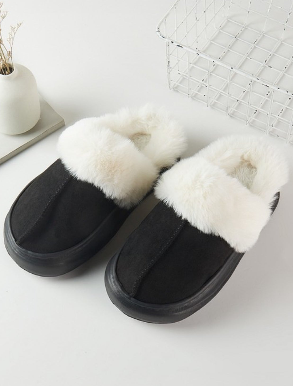 Fluffy Fur Trim Winter Slippers-BLK