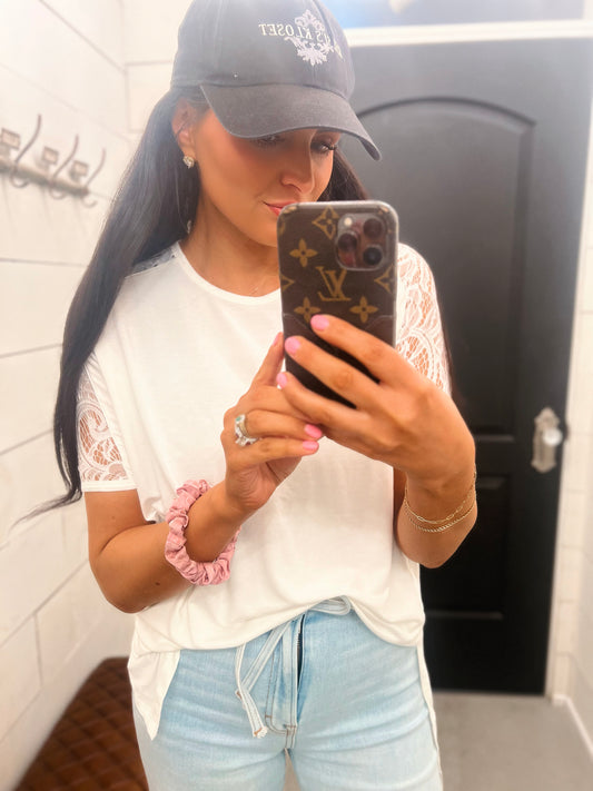 Kallie Lace Shoulder Relaxed Tee- White