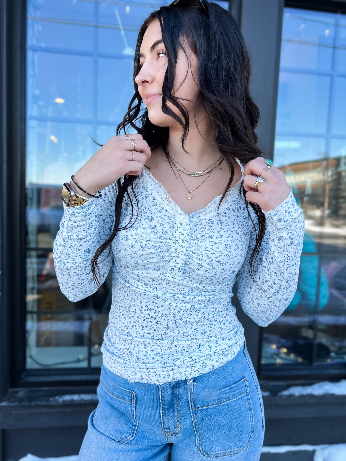 Casie Lace Trim Floral Top- Off White