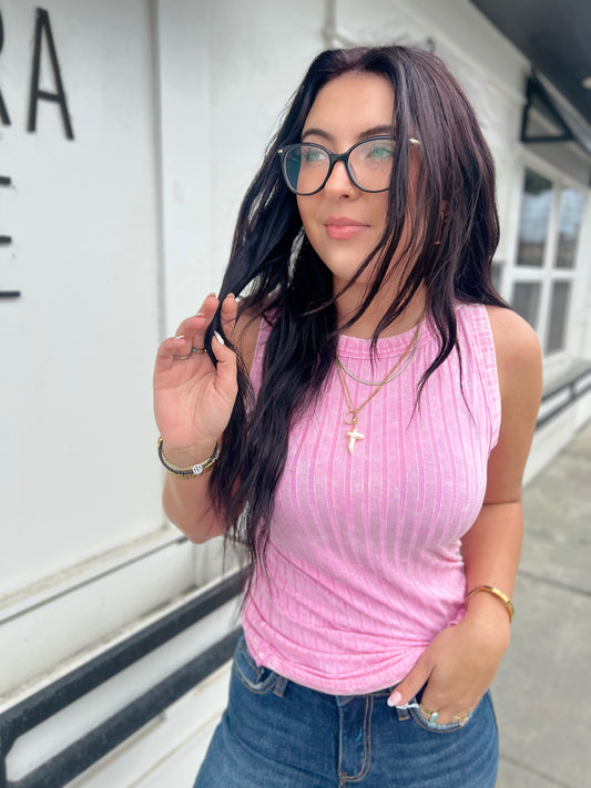 Ari Ribbed Sleeveless Tank- Candy Pink