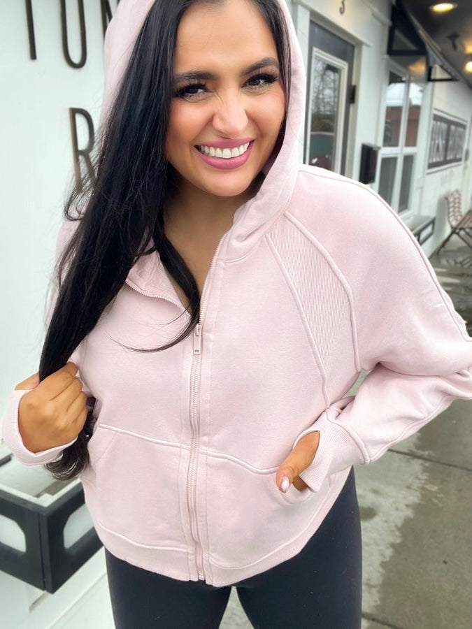 The Cozy Frenchie Full Zip Hoodie- Baby Pink